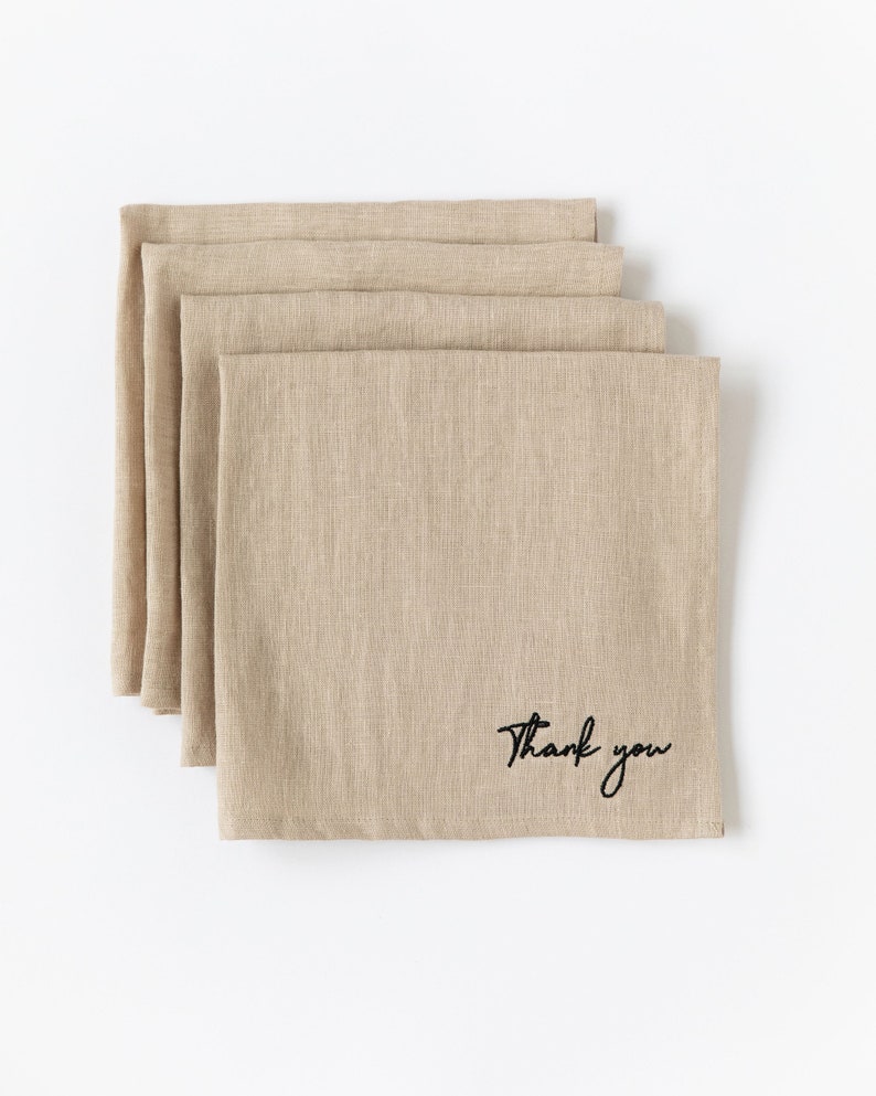 Embroidered linen napkin set of 4 / Thank you linen embroidery / Thanksgiving table decor image 2