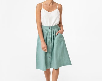 Linen skirt MONTICELLO in Teal blue | Midi linen skirt | Button front A line skirt | Elastic waist band