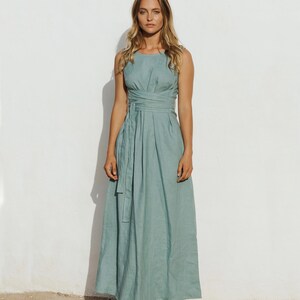Teal Linen Wrap Dress – Sleeveless Maxi Dress with Adjustable Waist Ties – Boho Wedding Guest Outfit – Sustainable Clothing BORACAY image 4