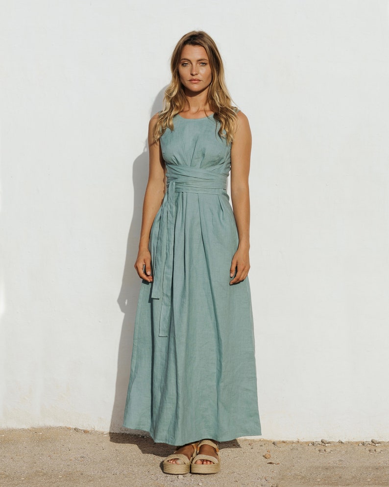 Teal Linen Wrap Dress – Sleeveless Maxi Dress with Adjustable Waist Ties – Boho Wedding Guest Outfit – Sustainable Clothing BORACAY image 4