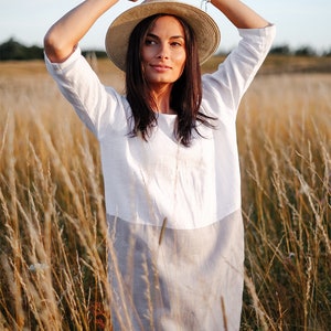 Color-block linen dress ADRIA / Midi white and gray linen tunic dress image 2