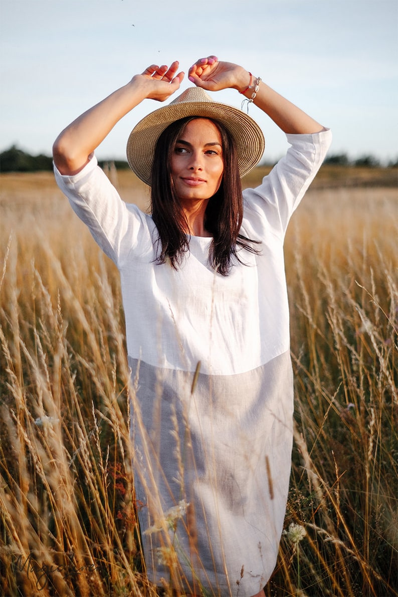 Color-block linen dress ADRIA / Midi white and gray linen tunic dress image 2