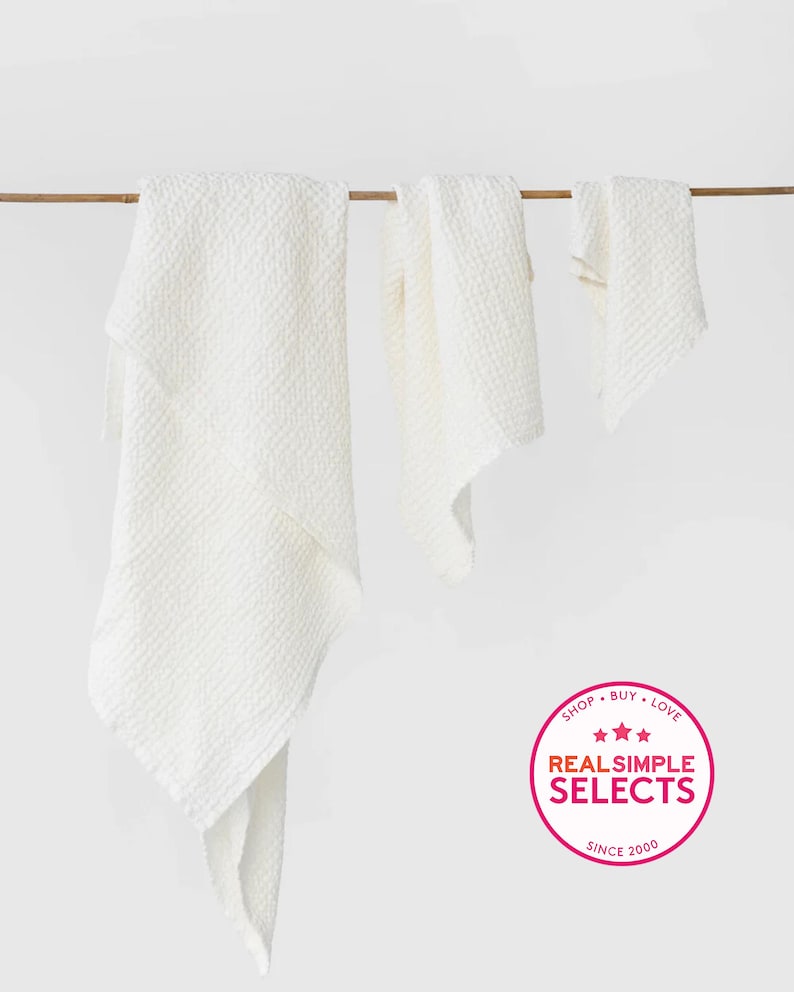 White Linen Waffle Towel Set – Soft Quick Dry Towels for Face, Hand, Body – Minimalist Spa Towels – Stonewashed Natural Gift for Bathroom