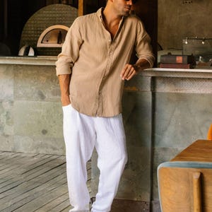 Beige Men's Linen Shirt – Classic Button-Down Shirt for Men – Long Sleeve Lightweight Linen Outfit, Look – Organic Clothing SINTRA image 2