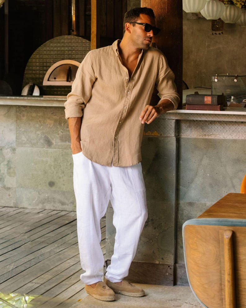 Beige Men's Linen Shirt – Classic Button-Down Shirt for Men – Long Sleeve Lightweight Linen Outfit, Look – Organic Clothing SINTRA image 2