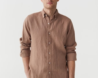 Linnen herenshirt in pastelbruin – shirt met lange mouwen – ademend lichtgewicht button-down – casual ontspannen pasvorm linnen kleding SINTRA