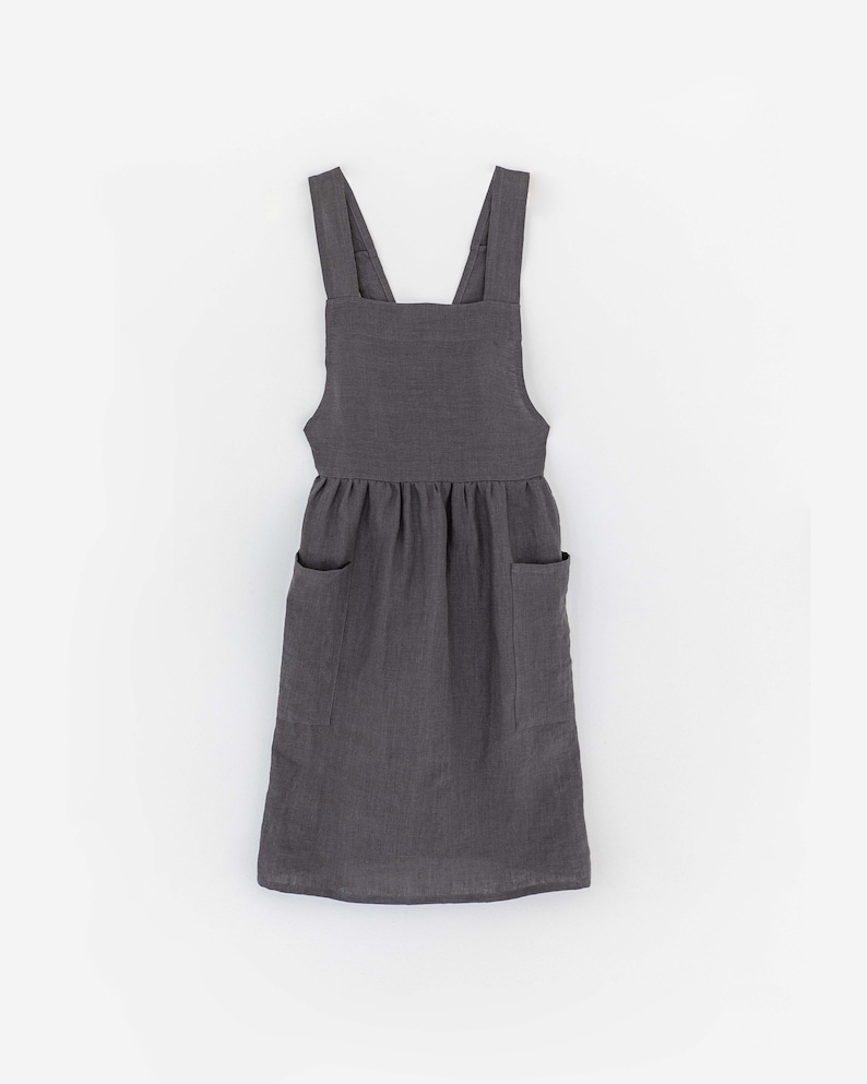 Linen pinafore apron Pinafore dress with pockets Stonewashed linen apron for cooking and gardening Charcoal gray