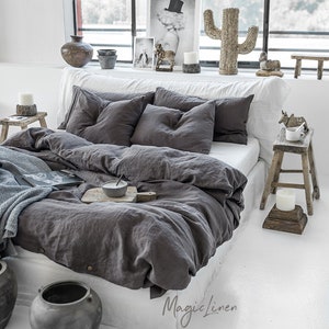 Linen bedding set in Charcoal Gray Dark Gray color. King, Queen linen duvet cover 2 pillowcases. image 3