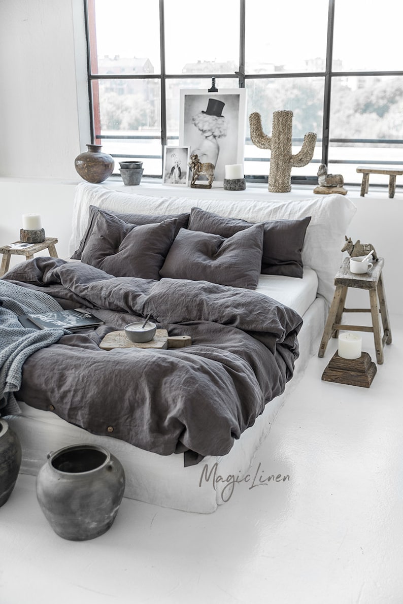Linen bedding set in Charcoal Gray Dark Gray color. King, Queen linen duvet cover 2 pillowcases. image 3
