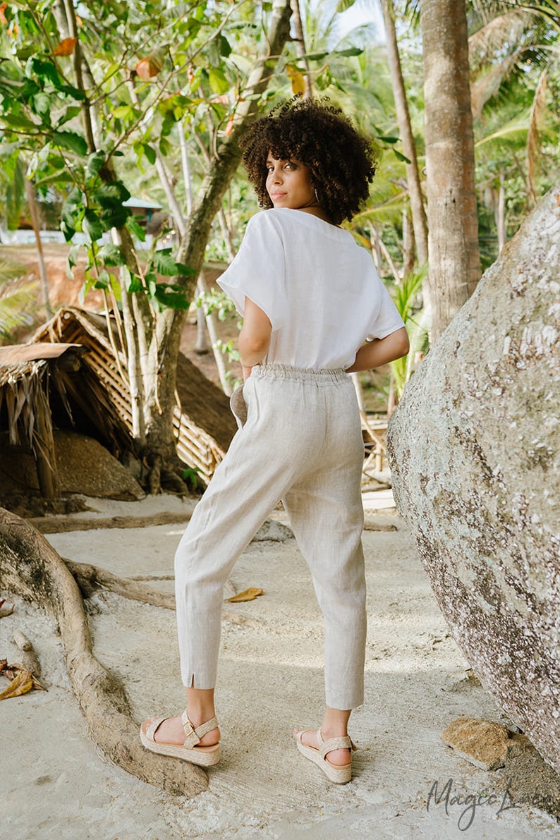Linen pants DOMME in Natural melange. Loose linen trousers with elastic waistband. Linen clothing for women. Natural melange