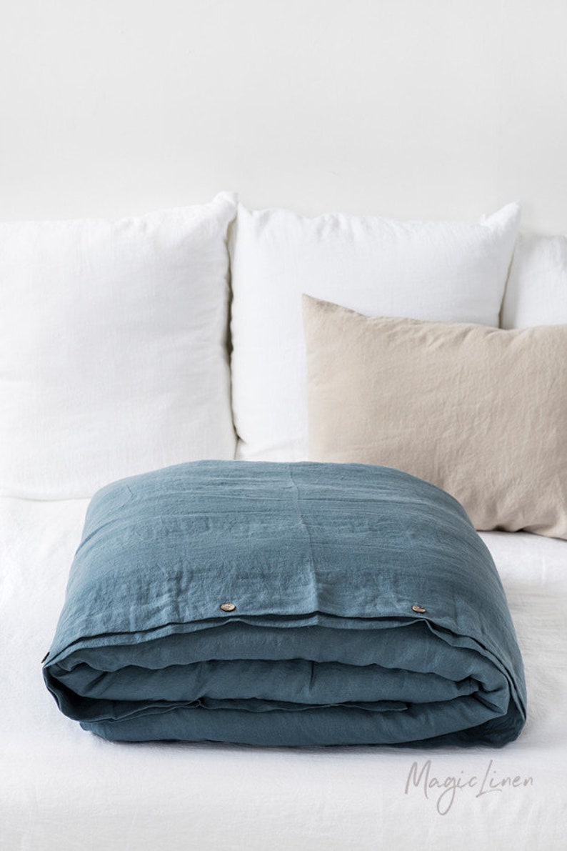 Funda nórdica de lino en color Azul Gris. Ropa de cama de lino a medida. Tamaños rey, reina. imagen 3