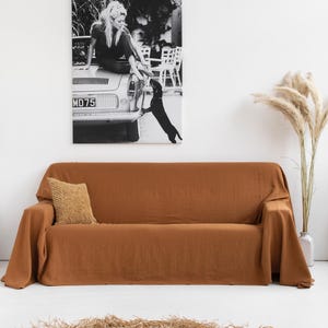 Cinnamon Linen Couch Cover – Washable Pet-Friendly Protector, Sofa Throw – Stonewashed Cotton Linen Blend – Warm Earthy Home Decor
