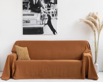 Funda de sofá de lino color canela – Protector lavable apto para mascotas, manta para sofá – Mezcla de algodón y lino lavado a la piedra – Decoración cálida y natural para el hogar