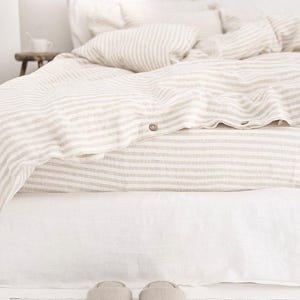 Natural Striped Linen Flat Sheet – Stonewashed European Top Sheet – Natural Soft Neutral Bedding – Coastal Cottage Style – Queen King Sizes image 5