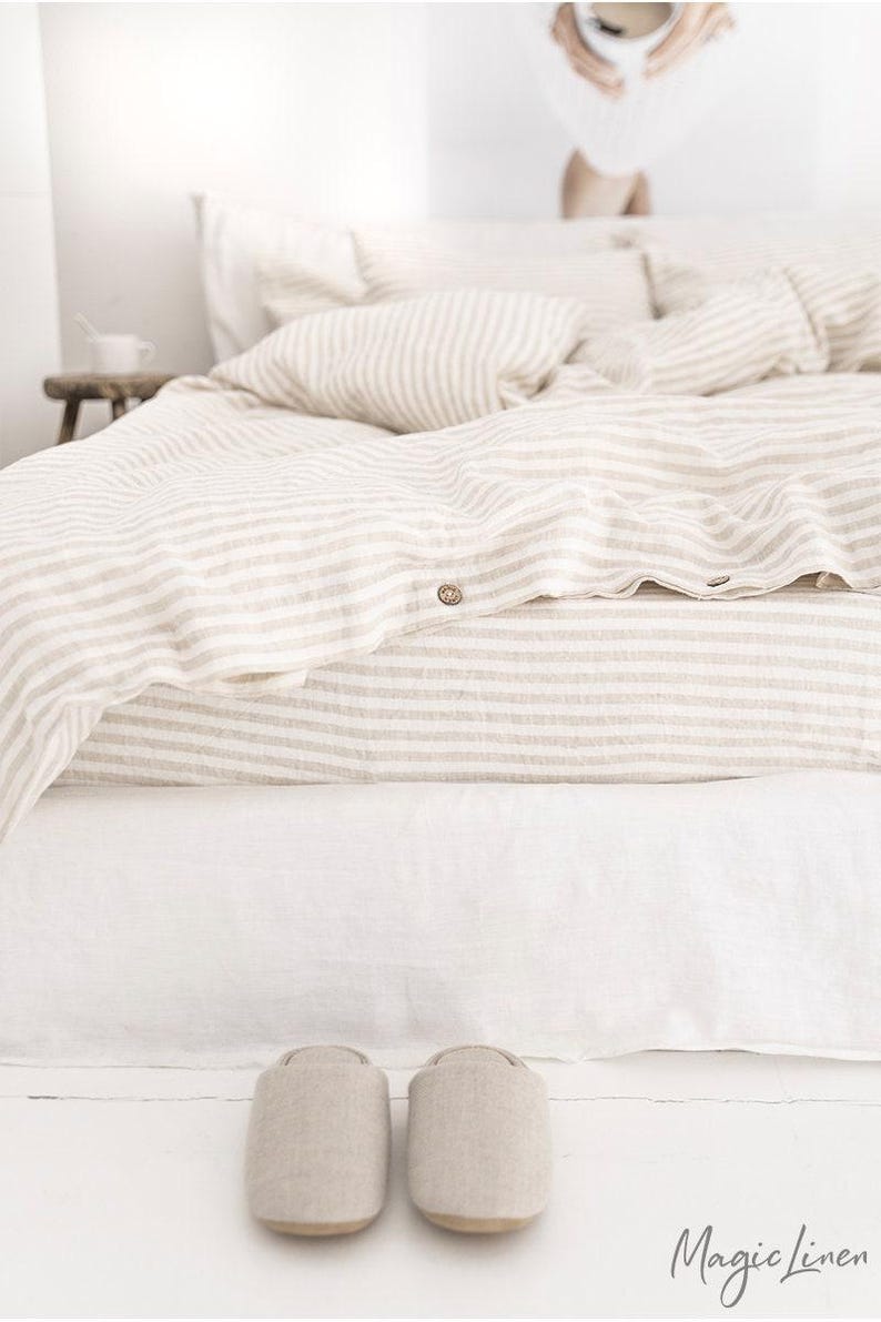 Natural Striped Linen Flat Sheet – Stonewashed European Top Sheet – Natural Soft Neutral Bedding – Coastal Cottage Style – Queen King Sizes image 5