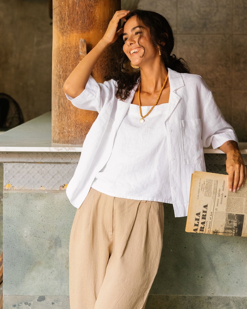 White Linen Camp Shirt for Women – Button Up Linen Blouse with Pockets – Relaxed Fit Stonewashed Overshirt – Lightweight Top ORVIETO image 2