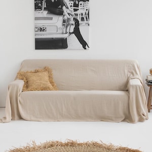 Natürlicher Leinen Couchbezug in Haferflocken - Sofaüberzug für Haustiere und Kinder – Minimalistisches neutrales Dekor – Weiches europäisches Flachs-Leinen