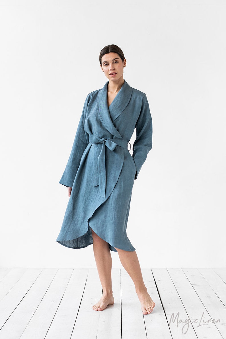 Linen robe in various colors / Dressing gown / Linen bathrobe / Perfect gift for woman Gray blue
