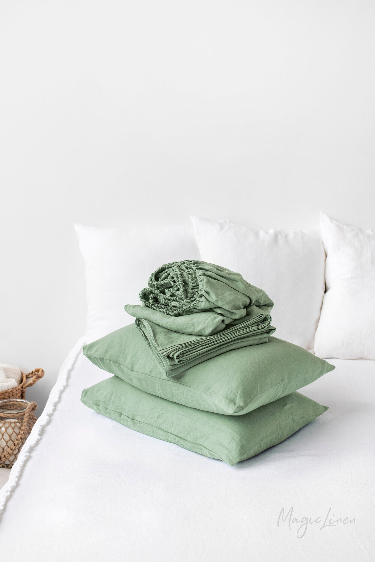 Matcha Green Linen Sheet Set / Fitted Sheet Flat Sheet 2 Etsy