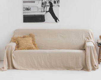 Bankhoes van natuurlijk havermoutlinnen – hoes bank voor huisdieren en kinderen – minimalistisch neutraal decor – zacht stonewashed Europees vlaslinnen