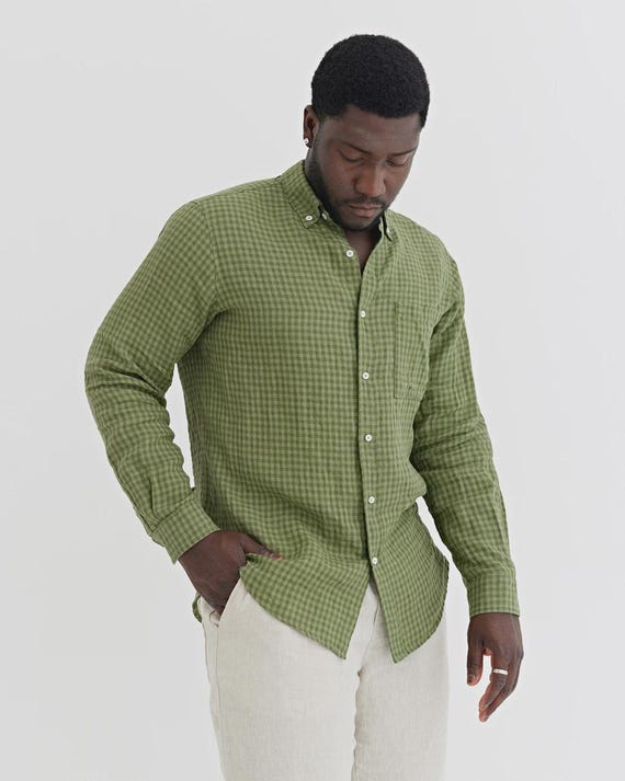 Mens Linen Shirt – Green Gingham Long Sleeve Shirt – Lightweight Relaxed Fit Shirt – Ethical Flax Linen – Gift for Him PERUGIA
