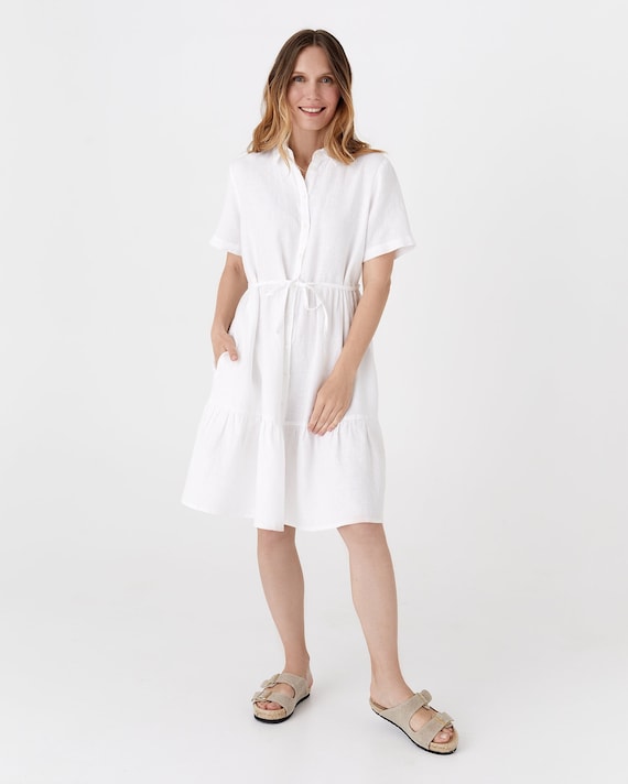 chinese dress ladies White 100% Cotton Button-Down Midi Shirt Dress 42