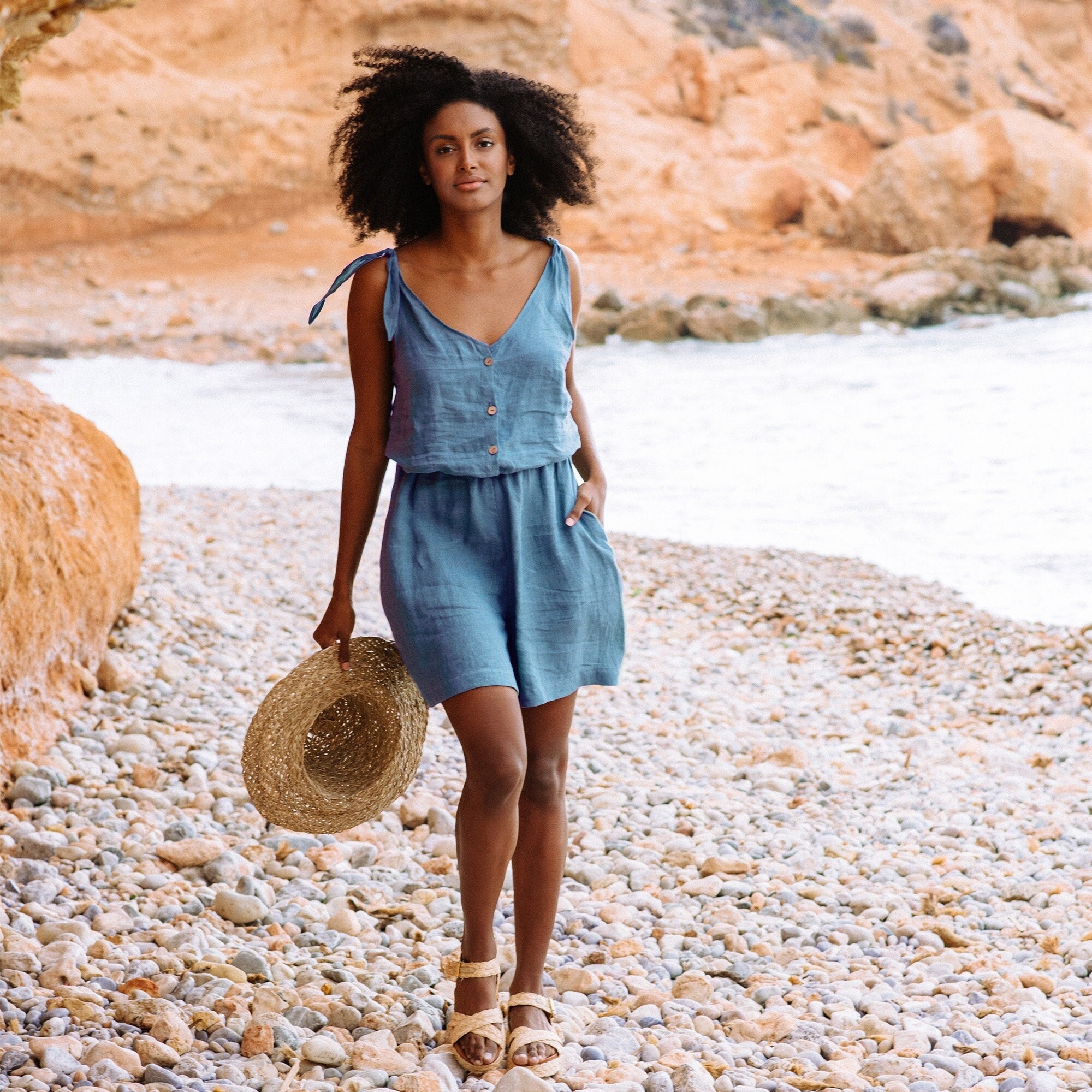 LINEN BLEND SHIRT STYLE SHORT JUMPSUIT - Blue / White