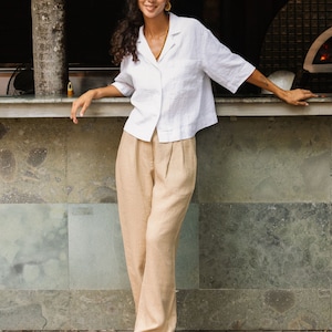 White Linen Camp Shirt for Women – Button Up Linen Blouse with Pockets – Relaxed Fit Stonewashed Overshirt – Lightweight Top ORVIETO image 3