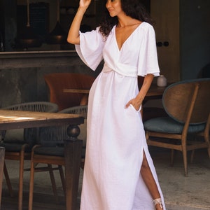 White linen dress AGRA. Linen maxi dress. Wedding dress. Elegant dress. Linen wrap dress. Linen clothing for women image 2