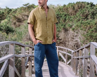 Pantaloni in lino da uomo – Pantaloni in lino con coulisse e tasche dalla vestibilità comoda – Pantaloni in lino leggeri per abbigliamento casual BREMER