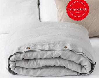 Light Gray Linen Duvet Cover – Stonewashed Flax Bedding – Queen King Comforter – Thermoregulating OEKO TEX Midweight Natural Linen Set