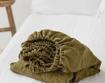 Olive Green Linen Fitted Sheet – Soft Linen Bedding – Queen King Deep Pocket Bed Sheet – Stonewashed Thermoregulating OEKO European Linen