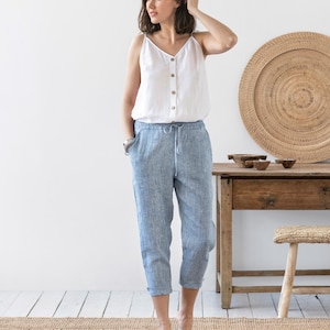 Linen pants DOMME in Natural melange. Loose linen trousers with elastic waistband. Linen clothing for women. Blue melange