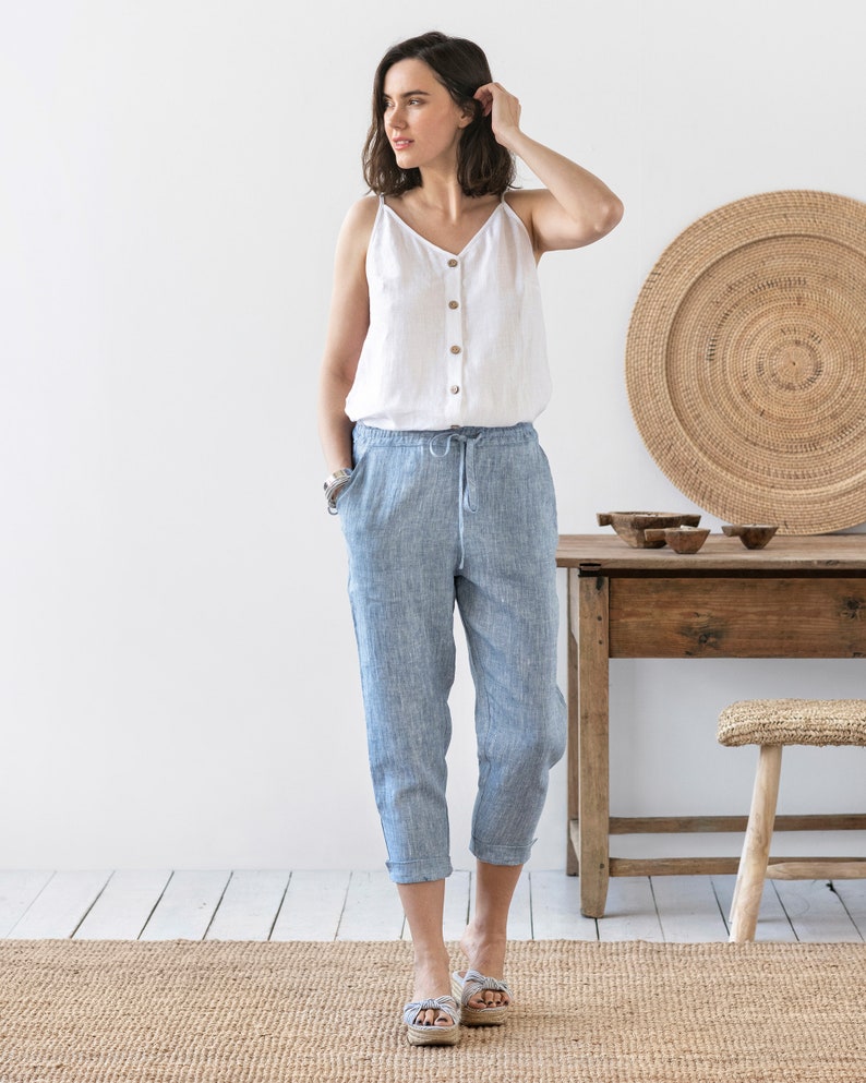 Linen pants DOMME in Natural melange. Loose linen trousers with elastic waistband. Linen clothing for women. Blue melange