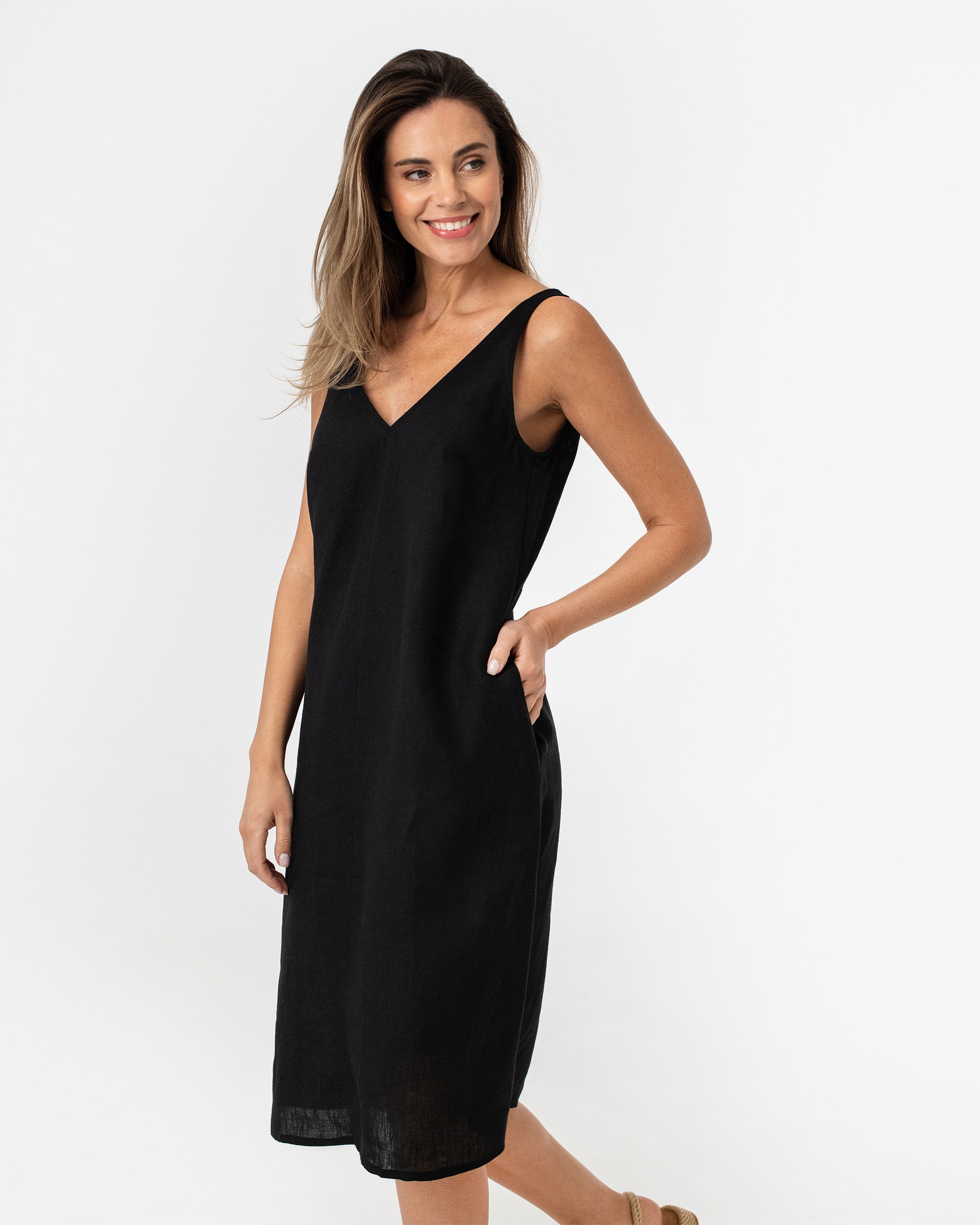 Black Linen Midi Dress - Cut Out Sleeveless Dress for Women - Elegant Boho Resort Outfit - Handmade European Flax Clothing Tahiti