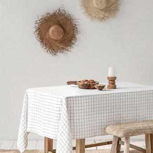 Mantel de lino con cuadrícula de carbón – Diseño de ventana – Redondo, cuadrado, rectangular – Lino europeo suave y lavado – Decoración de mesa moderna y personalizada