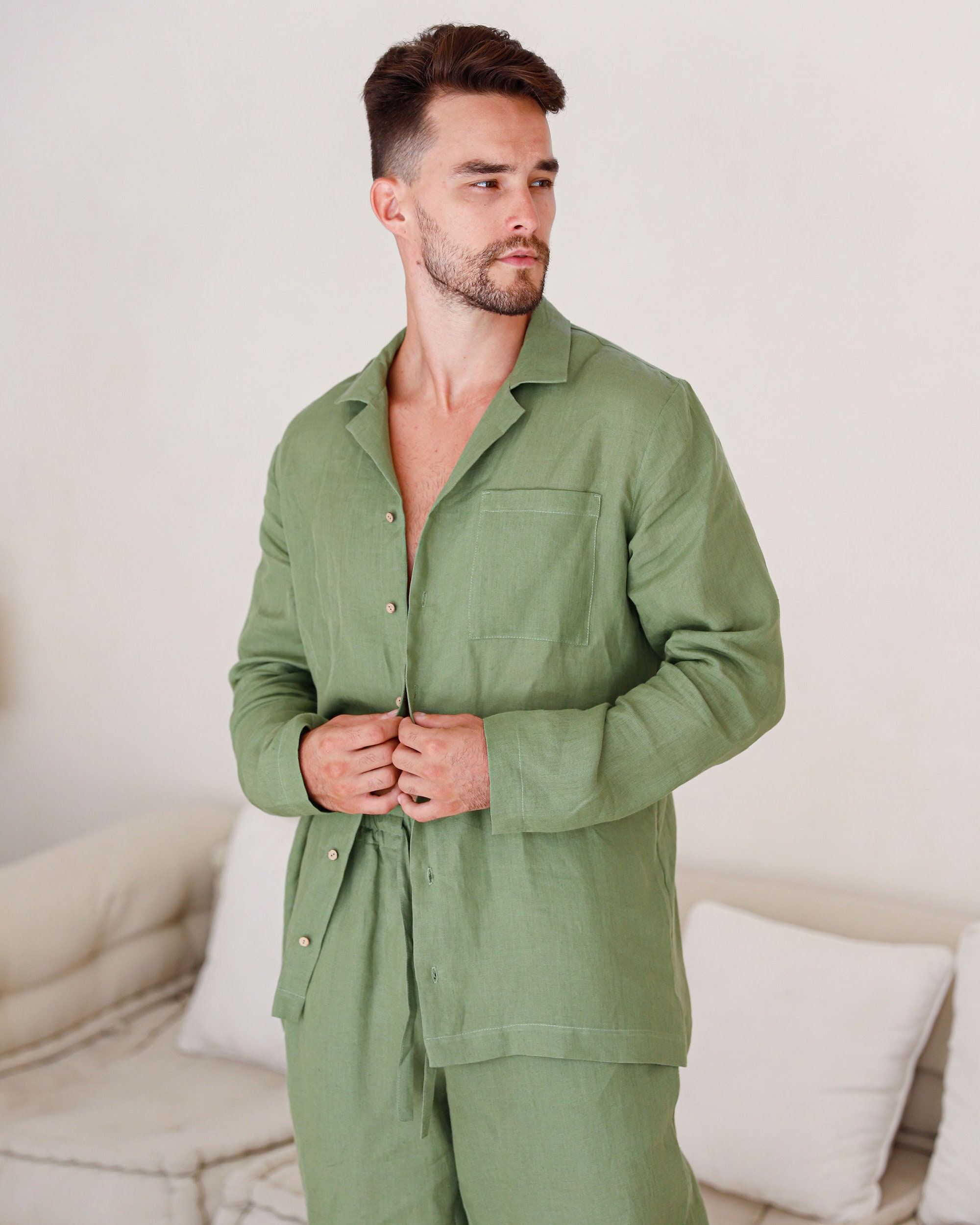 Men s 100 Linen Pajama Set VIGO Cooling Linen Pajama Set in Green Perfect Gift for Him Linen Sleepwear