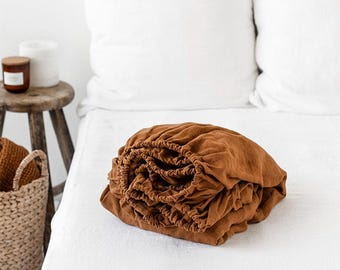 Cinnamon Linen Fitted Sheet – Soft Linen Bedding – Queen King Deep Pocket Bed Sheet – Stonewashed Thermoregulating OEKO European Linen