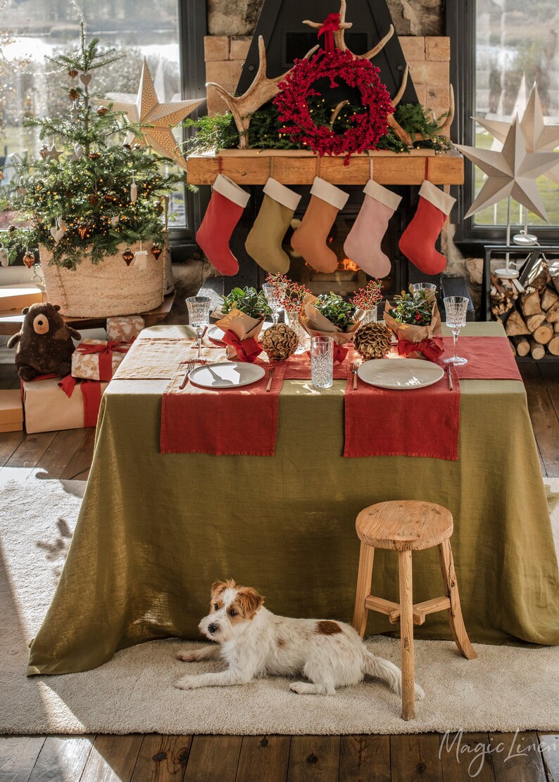 Olive Green Linen Tablecloth. Round, Square, Rectangular Table Linens