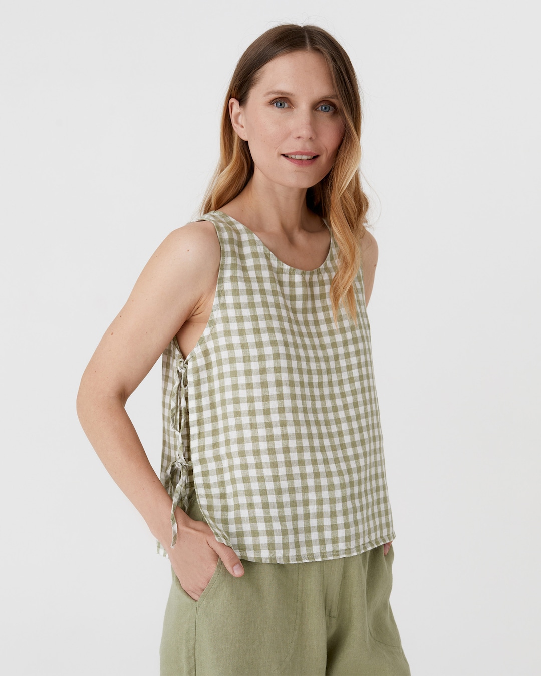 Linen Tank Top for Women – Sage Gingham Linen Crop Top With