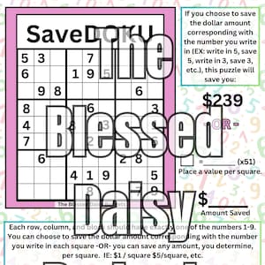 SaveDOKU Savings Challenge Puzzle/Game || Sudoku savings game/puzzle || Set 1, includes 4 puzzles and 2 dashboards (sizes A5 & A6)