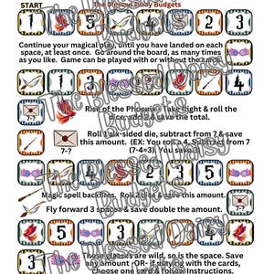 May include: A colorful game board with a magical savings theme. The board features a variety of spaces with different instructions, including rolling dice, saving money, and flying forward. The board is decorated with images of owls, wands, and other magical objects.