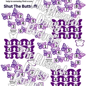 Puede incluir: Un tablero de juego de temática de mariposas de color morado y blanco con el texto "Lupus Awareness" y "Shut The Butterfly". El tablero de juego tiene los números del 1 al 9 en cada fila y columna. El tablero de juego está diseñado para ayudar a crear conciencia sobre el Lupus.