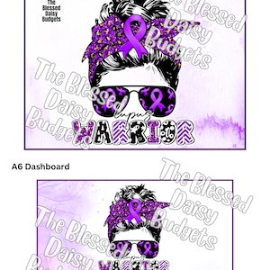 Könnte beinhalten: Digitales Design in Lila und Schwarz mit einer Frau mit Dutt, die ein lilafarbenes Bandana mit goldenem Glitzermuster und lilafarbene Sonnenbrillen trägt. Der Text "Lupus Warrior" ist in Lila und Schwarz mit einem lilafarbenen Band geschrieben.