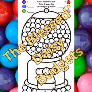 Könnte beinhalten: Ein druckbares Arbeitsblatt für Kinder, um das Sparen zu lernen. Das Arbeitsblatt zeigt eine Gummibärchen-Maschine mit 75 Gummibärchen und einen Farbschlüssel, um Kindern zu helfen, ihre Ersparnisse zu verfolgen. Das Arbeitsblatt trägt den Titel "Gumball Savings" und enthält den Text "The Blessed Daisy Budgets".