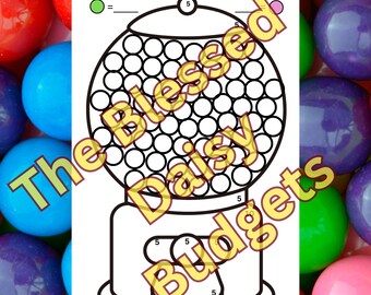 May include: A printable worksheet for kids to learn about saving money. The worksheet features a gumball machine with 75 gumballs and a color key to help kids track their savings. The worksheet is titled "Gumball Savings" and includes the text "The Blessed Daisy Budgets".