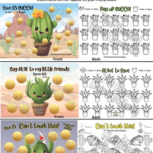 May include: A set of three printable scratch off cards featuring a cactus theme. The cards are titled "Save 85 SUCCA!", "Say ALOE to my little friends", and "Can't touch this!" Each card has a different design and a set of numbers to scratch off.
