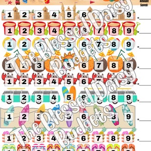 May include: A colorful printable game board with a beach theme. The game is called "Shut Your Sand Box" and features images of sandcastles, pails, surfboards, flip-flops, and crabs. The game board has a grid of numbers 1 through 9, and players roll dice to cross out numbers. The game is designed to help children learn about budgeting and saving money.