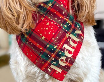 Personalised Christmas Bandana | Tartan Dog Accessory, Red Festive Check Neckwear Bandana, Dog Lover Gift Stocking Filler