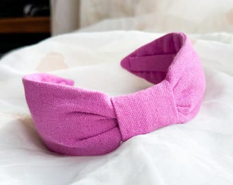 Bright Pink Linen Headband | Flat Knot Headband, Wide Hairband, Linen Hair Accessory